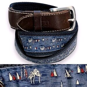 Vineyard Vines Canvas Club Belt Leather Ends Nautical Sailboats Palm Trees SZ 32